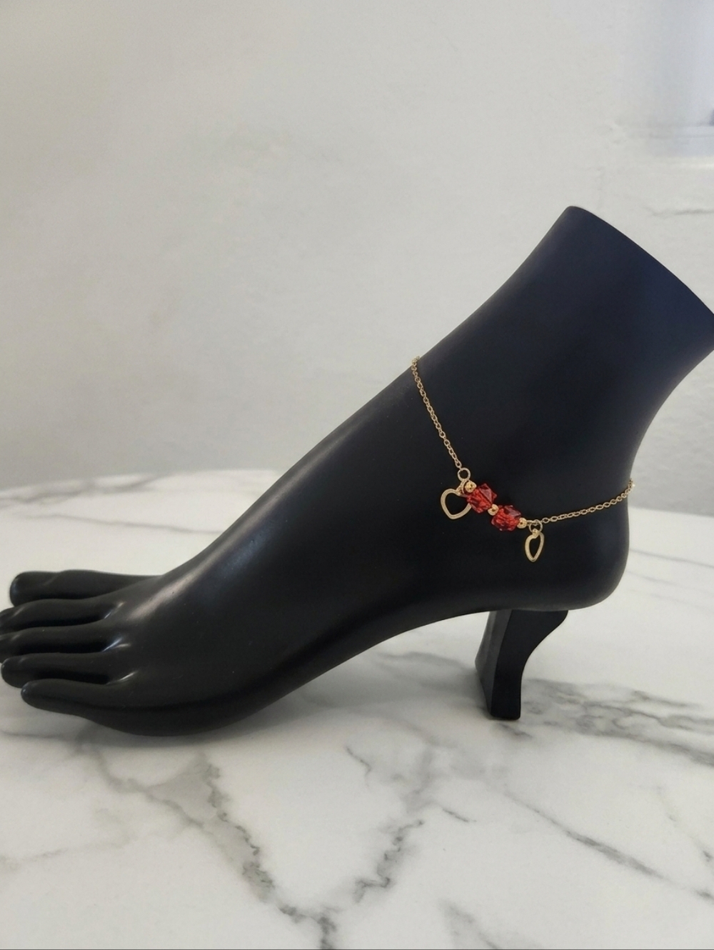 Gold Stainless Steel Anklet Heart Charm with Red Beads Adjustable Dainty Bra - Picture 4 of 12